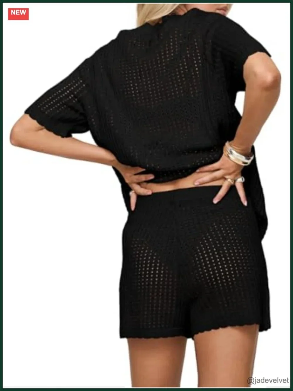 Crochet Swim Coverup Set Short Sleeve V Neck Button Top Drawstring Shorts 2